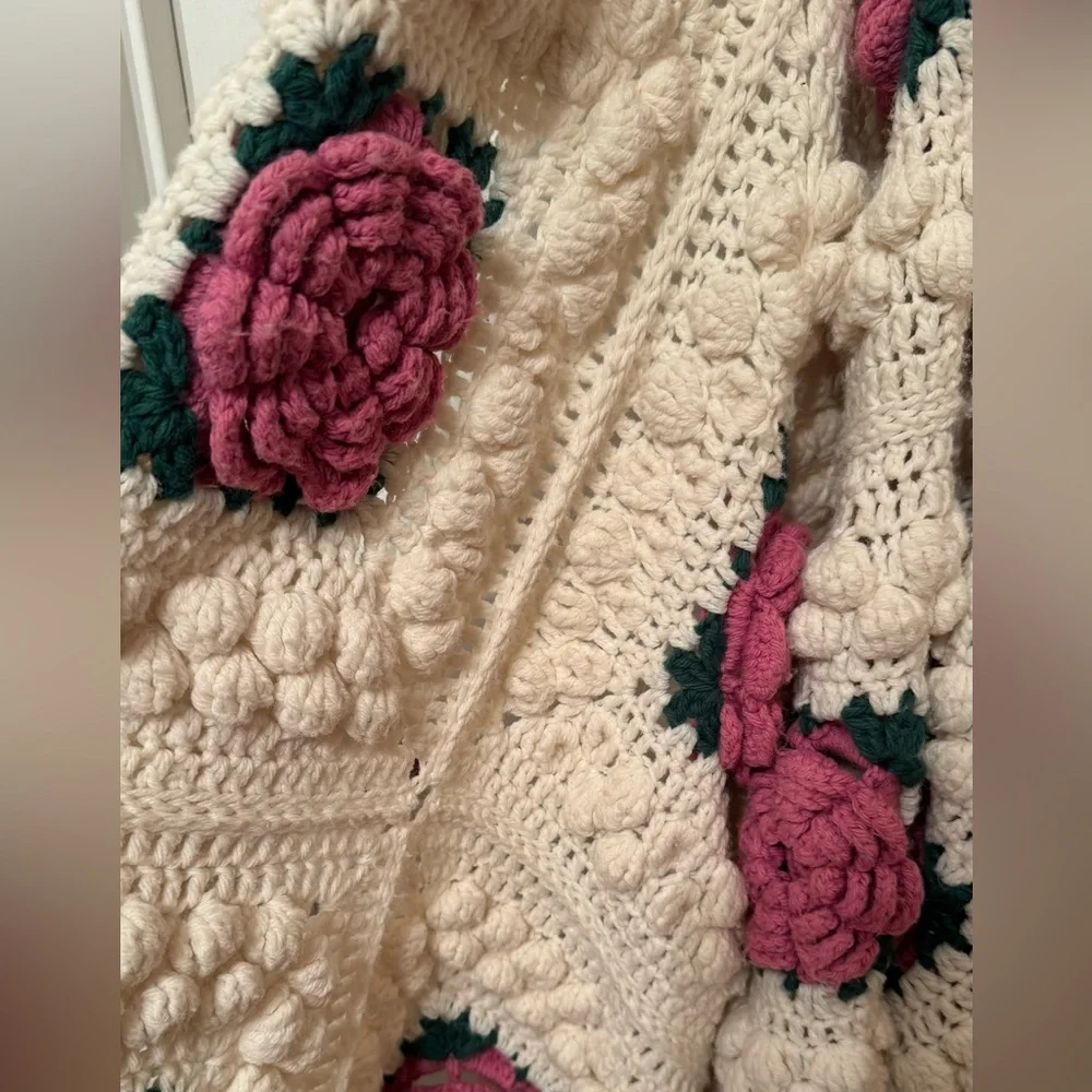 Cream and Rose Popcorn Granny Handmade Crocheted Afghan